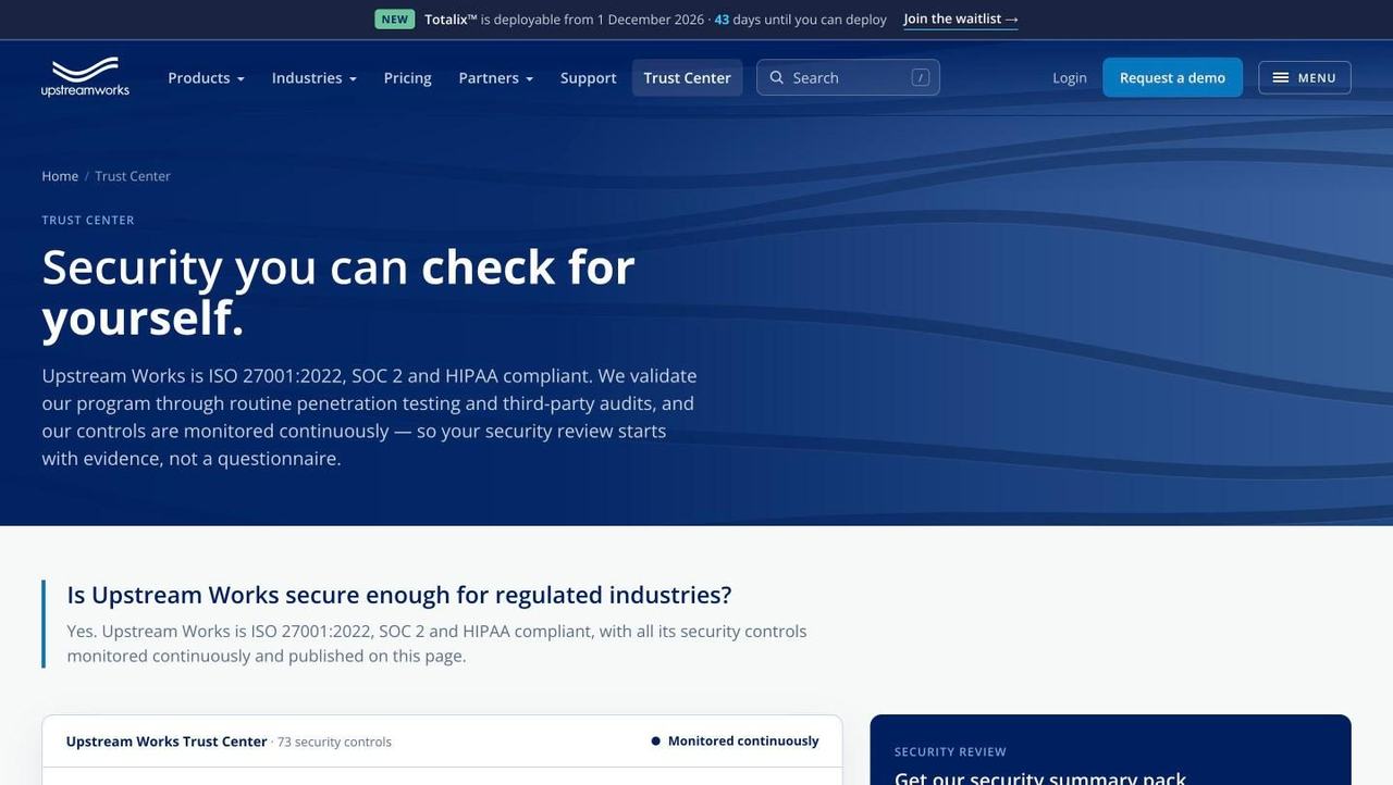 The Trust Center page on upstreamworks.com
